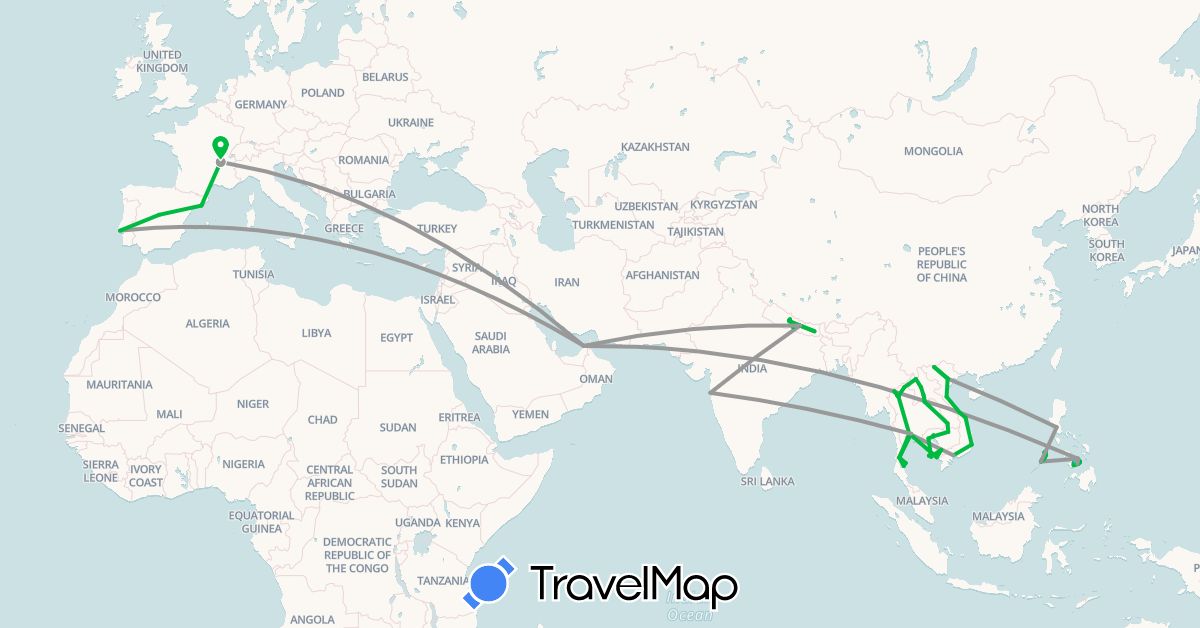 TravelMap itinerary: driving, bus, plane, boat in United Arab Emirates, Spain, France, India, Cambodia, Laos, Nepal, Philippines, Portugal, Thailand, Vietnam (Asia, Europe)
